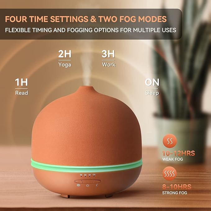 Wanlola Stone Diffusers for Essential Oils Large Room,500ml Handmade Ceramic Diffuser with 4 Timer & 10 Ambient Light Settings for Home Office (Terracotta)