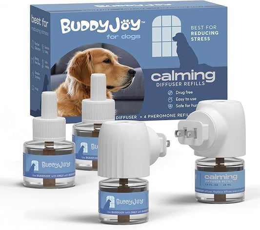 Dog Calming Diffuser Refills – Long-Lasting 30-Day Formula with Pheromones for Stress Relief, Relaxation, and Anxiety Reduction in Dogs – (2 Diffuser + 4 Refills)