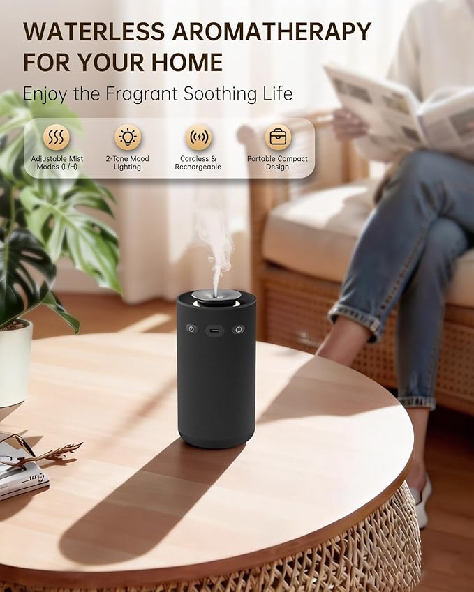 Waterless Essential Oil Diffuser,Portable Car Aromatherapy Diffuser,Rechargeable Cordless Scent Device with Fabric Design,Adjustable Mist & Ambient Light for Home, Office, Travel (Black)