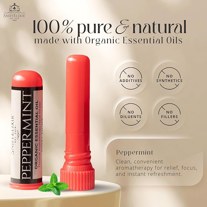 SniffElixir Nasal Stick Inhaler, Vapor Inhaler, Nasal Inhaler Stick, Peppermint Essential Oil Inhaler for Cooling Relief, Head Comfort & Travel Support, Organic Peppermint Oil