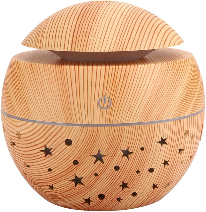 Mini Plant Humidifier Indoor, 130ml Portable Wooden Grain Air Diffuser with 7 LED Colors & 3H Auto Shut Off, Hollow Design Low Noise Mist Maker for Home Office Bedroom Plants