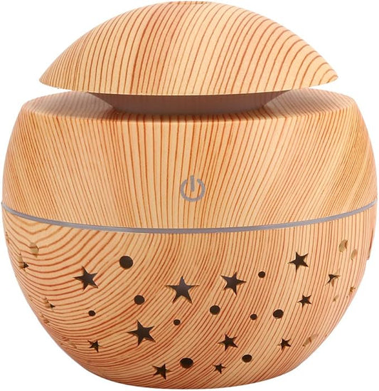 Mini Plant Humidifier Indoor, 130ml Portable Wooden Grain Air Diffuser with 7 LED Colors & 3H Auto Shut Off, Hollow Design Low Noise Mist Maker for Home Office Bedroom Plants