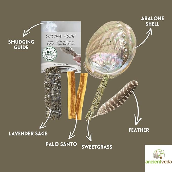 Ancient VEDA Organic Smudge Kit – Lavender, Palo Santo, Sweetgrass, Abalone Shell, Feather & Smudge Guide | Home Smudging Kit for Energy Cleansing, Meditation, Healing (Healer's Kit, Lavender Sage)