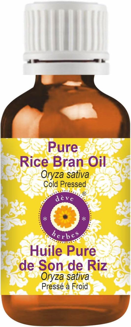 dève herbes Rice Bran Oil (Oryza Sativa) | Cold Pressed | Pure | Natural | Undiluted | For Diluting Essential oils | For Hair, Skin & Massage | Non-Sticky| Lightweight| Men & Women | 10ml (0.33 oz)