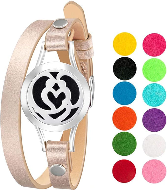 Wild Essentials Couple’s Heart Essential Oil Bracelet Diffuser, Leather Wrap Band, Stainless Steel Locket Pendant, 12 Refill Pads, Customizable Color Changing Perfume Jewelry Aromatherapy