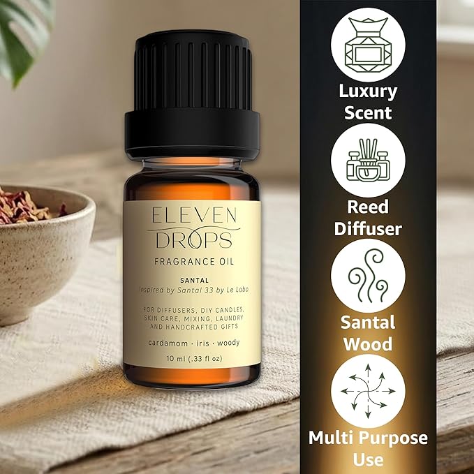 Santal Fragrance Oil | Cardamom, Iris & Woody Notes | Long Lasting Scent Reed Diffuser Oil for Home, Office, Hotel, Spa, Car & Linen Spray | Pet Friendly IFRA Compliant, 10 ml