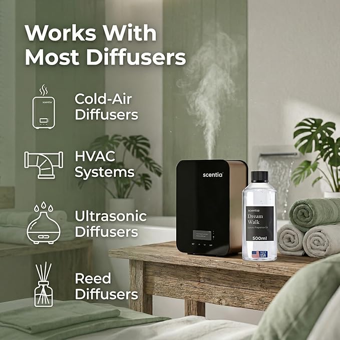 Scentia Dream Walk Diffuser Oil for HVAC Scent Machine – Hotel Fragrance Inspired by 5-Star Spa Resort – 500 mL – White Tea, Cedarwood & Amber Oil for Commercial & Cold Air Diffusers, Made in USA