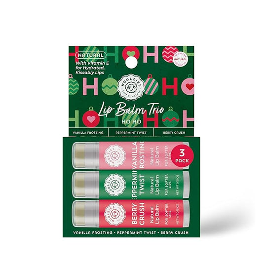 Holiday Stocking Stuffer Lip Balm Set: All-Natural Shea Butter, Beeswax, Coconut Oil, & Vitamin E Infused Lip Care (3 Pack, HO HO)