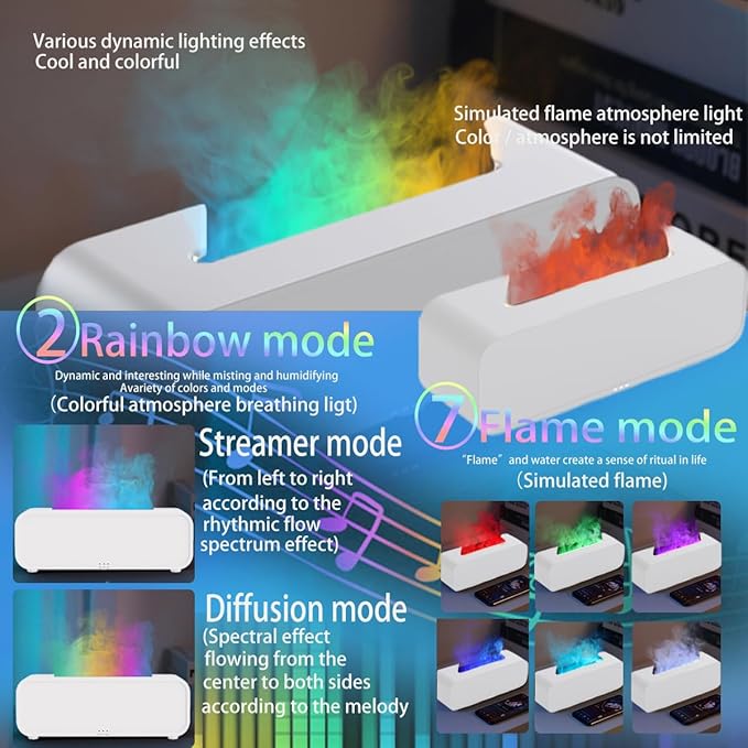 Essential Oil Diffuser, Music Sync Colorful Flame Essential Oil Diffuser, Colorful Flame Air Aroma Humidifier, Timer & Waterless Auto Off 250ml Diffuser with 7 Colors Light, Remote Control (White)