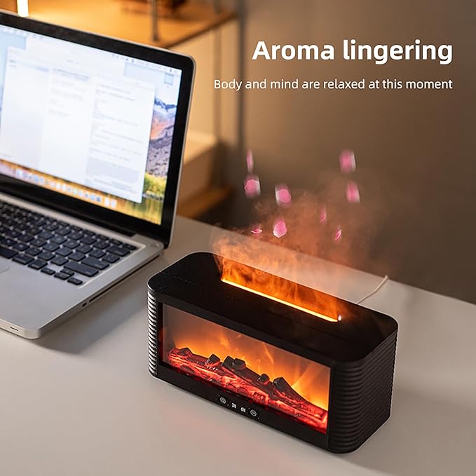 Flame Aroma Diffuser, 250ml Cool Mist Humidifier with Simulated Fireplace, 9 Color LED, 3H/6H Timer, Auto-Off, Black