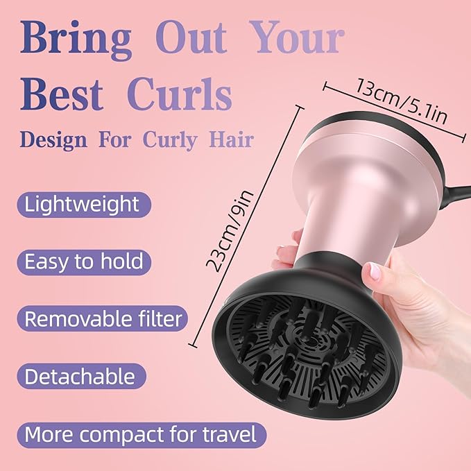 2 in 1 Hair Diffuser for Curly Hair with Ionic Technology, XL 1875W Hair Dryer with Diffuser & Comb Nozzle Attachment, 3×Faster, Enhances Curl Waves, Reduce Frizz, Gifts for Women Her