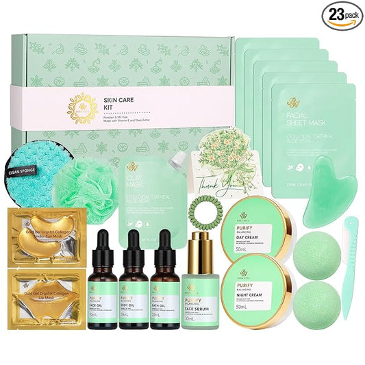 23 Pcs Mother's Day Gifts for Mom, Tea Tree Facial Skin Care Set, Bath and Body Gifts for Women & Men, Self-Care Relaxation Kit, Home Spa Gift Basket, Sheet Mask, Birthday, Christmas, Anniversary