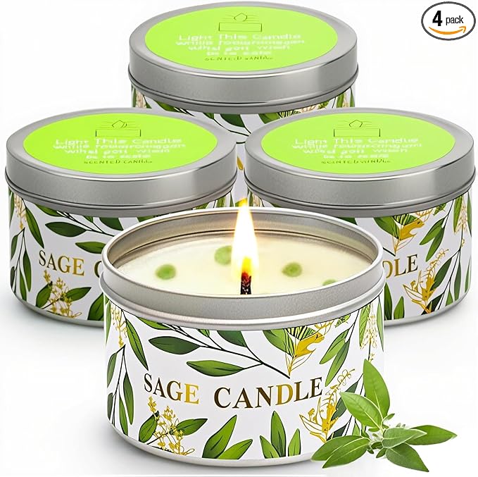 Sage Candle Gift Set, 4 Pack Natural Soy Wax White Sage Smudge Kit with Healing Crystals for House Cleansing Negative Energy, Spiritual Meditation & Aromatherapy, Ideal Mother's Day Housewarming Gifts