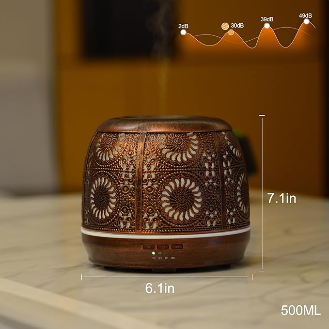 Large Essential Oil Aromatherapy Diffuser for Home Bedroom Metal Hollow Decorative Room Ultrasonic Air Scent Mist Aroma Diffuser 500ML Defusers -Red Copper