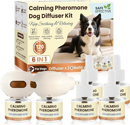 Dog Pheromones Calming Diffuser to Calm Dogs 6 IN 1 Kit (2 Diffusers+4 Refills) Pheromone Plug In for Stress Barking Pee Accidents Chewing Aggression Separation Anxiety Relief 120 Days(Odorless)