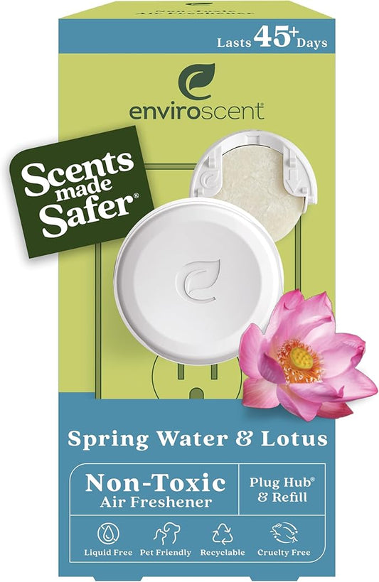 Enviroscent Non-Toxic Air Freshener Plug Hub® Warmer Refillable Kit - Refillable Plug-in Air Freshener - Home Fragrance Lasts Up to 45 Days - Mother’s Day Gift for Mom - Spring Water & Lotus Scent