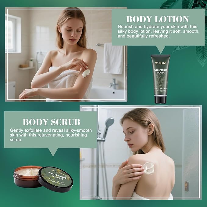 Mothers Day Spa Gift Set for Her - 6Pcs Bath and Body Kit with Shower Gel, Body Lotion, Bath Salt, Scrub, Massage Stick - Whispering Woods Spa Basket for Women Mom Wife Girlfriend