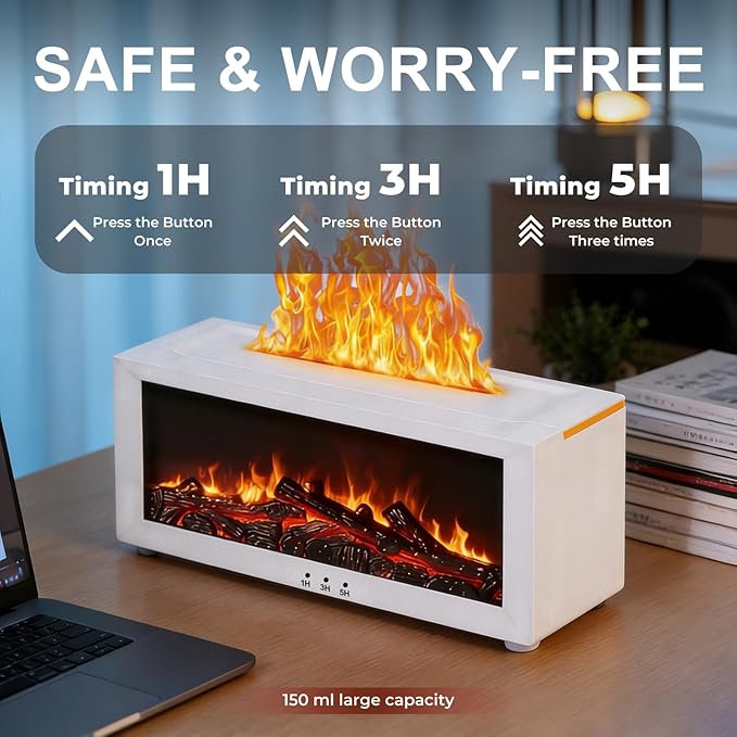 Fireplace Flame Essential Oil Diffuser, 7-Color LED Ultrasonic Aromatherapy Humidifier with Remote Control & Timer, 150ml Waterless Auto-Off Cool Mist Diffuser for Home Bedroom Office Yoga White