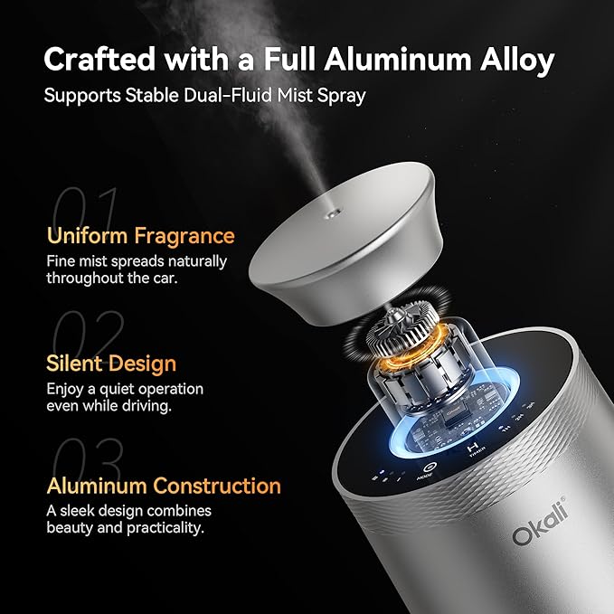 Okali Smart Car Air Fresheners, Waterless Diffuser for Essential Oil, Support DIY, Auto ON/OFF, Timer Function, Quiet Design, 4000mAh, All-Aluminum Alloy, White Musk & White Tea Scent Car Freshener