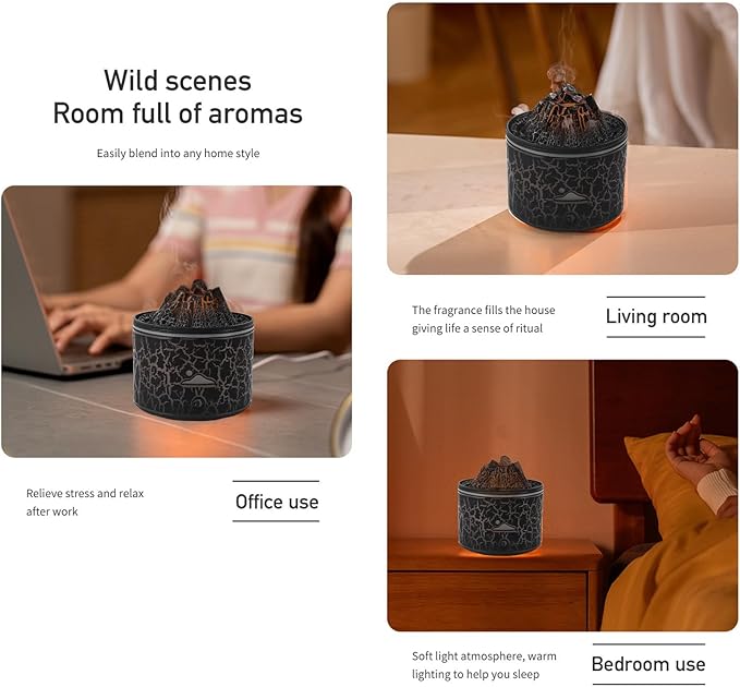 Fockety Volcano Essential Oil Diffuser, 7 Colors Night Lights Cool Mist Humidifier for Bedroom, 180ml Aroma Diffuser for Office, USB Waterless Auto Off Aromatherapy Diffuser (Black)