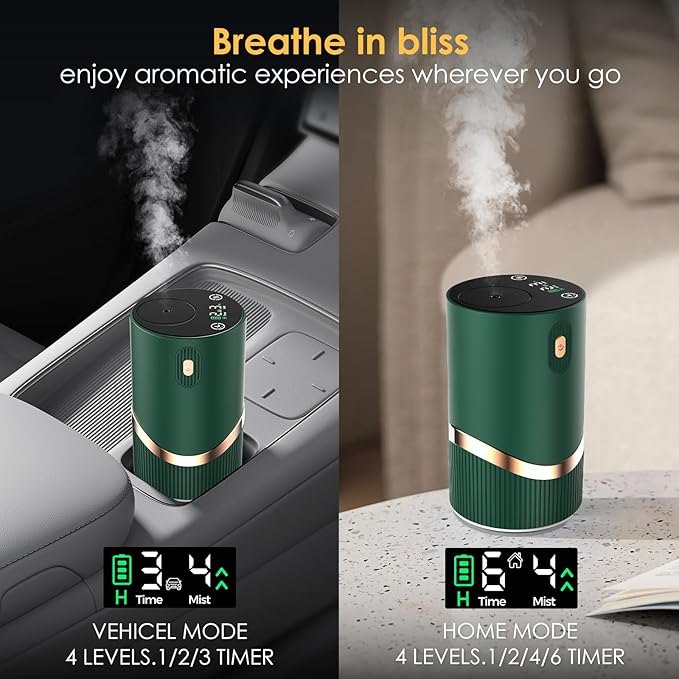 Waterless Essential Oil Diffuser Rechargable: Portable Aromatherapy Diffuser for Car and Home - 1/2/4/6H/Time Off 4 Mist Level for Room Office Bedroom (Green)