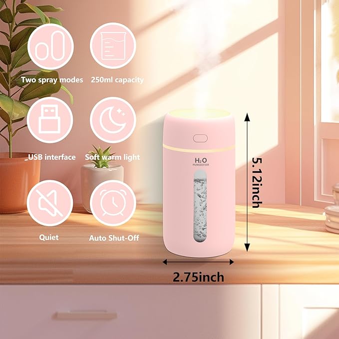 Lisacool Small Humidifier,Portable Mini Humidifier for Bedroom,Office, Car,Travel with Night Light, Auto Shut-Off,Super Quiet (Pink)