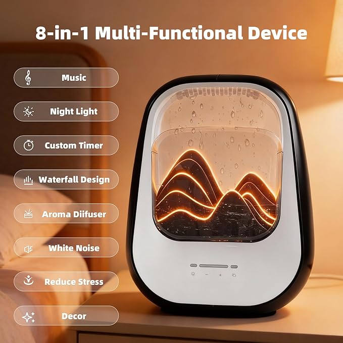 8-in-1 White Noise Sound Machine with Aroma Diffuser, Rain Sound Machine for Sleeping, Stress Relief, Waterfall Sound Machine Night Light Timer for Bedroom Office Home Decor, Black