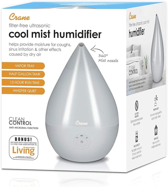 Crane Droplet Ultrasonic Small Air Humidifiers for Bedroom and Office, 0.5 Gallon Cool Mist Humidifier for Plants and Home, Humidifier Filters Optional, Grey