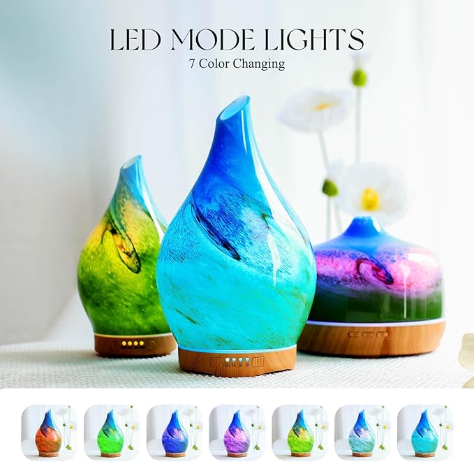 Porseme 280ml Essential Oil Diffuser Glass Color Changing Aroma Air Diffusers Aromatherapy Ultrasonic Cool Mist Humidifier with Remote Control 7 Running Hours Waterless Auto-Off (Blue Grass)