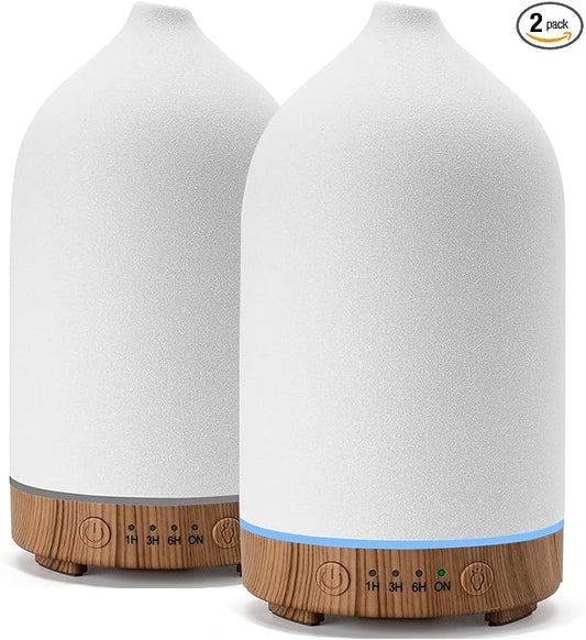 Gooamp 200ML Ceramic Essential Oil Diffuser (2 Pack) - Ultrasonic Aromatherapy & Humidifier with 7-Color LED Lights, Auto Shut-Off, Wood Grain Base, 1H/3H/6H Timer | Scent for Home, Office, Yoga