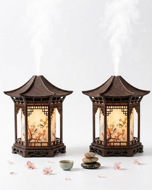 Zen Pavilion Lantern Aroma Diffuser & Night Light for Desk with 2 Mist Modes & LED Warm/White Light, 160ml Zen Office Decor USB Personal Humidifier for Yoga, Meditation, Spa & Sleep (Dark-2pcs)