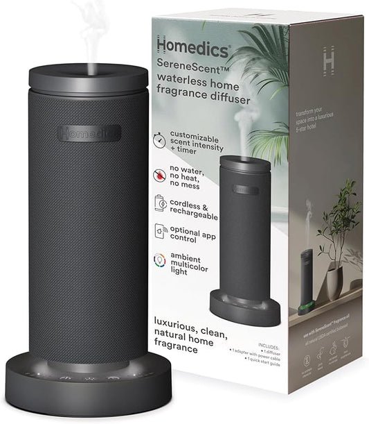 Homedics SereneScent Mini Fabric Rechargeable Waterless Diffuser, Cordless Aromatherapy Device, Use with SereneScent Oil 15ml (Sold Separately), Adjustable Mist Intensity & Ambient Light, Charcoal