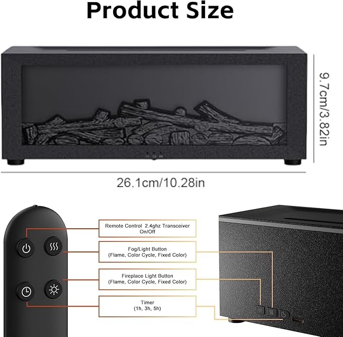 Fireplace Diffusers for Essential Oils Fireplace Humidifier with Remote 150ml Fireside Ultrasonic Humidifier Bonfire Flame Diffuser with 7 Colors Light for Home Room Office (Black+Essential Oils)