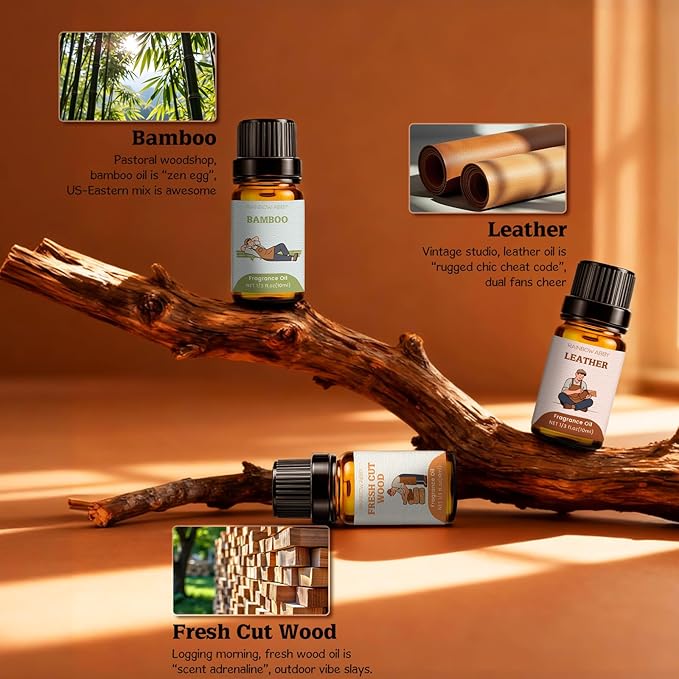 RAINBOW ABBY Woody Fragrance Oils Set, 6x10ml Wood Essential Oil Set for Candle Making, Diffuser - Forest Pine, Fresh Cut Wood, Leather, Teakwood, Bamboo, Cedarwood Aromatherapy Oils