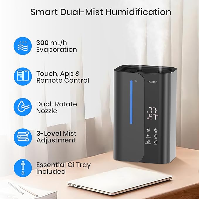 OGACFO 5L Smart Air Humidifiers for Bedroom with Essential Oils, Top Fill 50H Runtime Cool Mist Large Humidifiers for Home Bedroom Nursery, 28 dB Quiet Humidifier for Baby & Plants