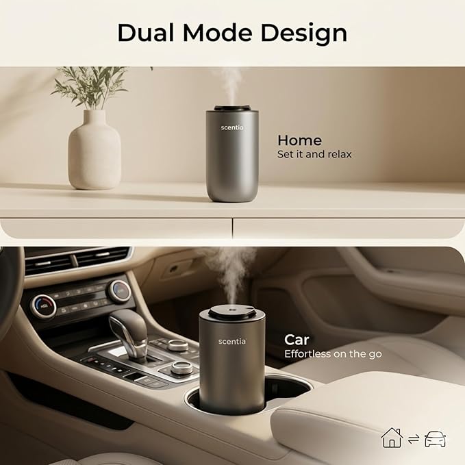Scentia MiniPod Black Waterless Diffuser for Essential Oil, Smart Car Air Freshener with 3 Mist Levels & 3 LED Light Colors, Auto On/Off Rechargeable, Portable Scent Air Machine