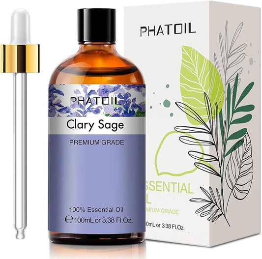 PHATOIL 3.38FL.OZ Clary Sage Essential Oil for Aromatherapy Diffusers with Glass Dropper, Humidifiers, Great for DIY Candle and Soap Making, Huge 100ML Bottle