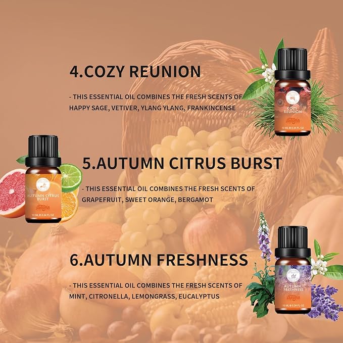 Fall Essential Oils Set - Pure Plant Extracts, Oil Diffuser Essential Oils, Essential Oils for Diffusers for Home, Includes Citrus Burst, Freshness, Cozy Reunion, Fiesta, Leaf Aroma, Aromatic