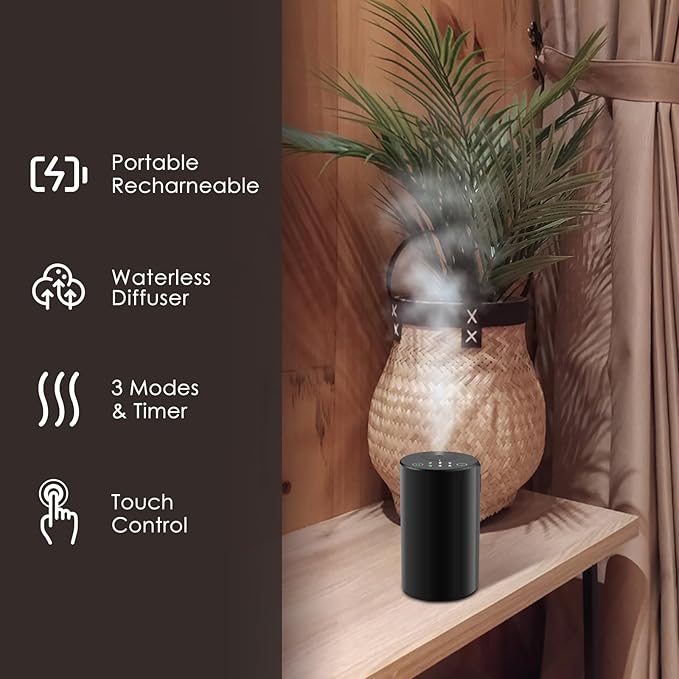 Waterless Essential Oil Diffuser, 7 Colors LED Light, Battery Powered Mini Scent Air Machine, Aromatherapy Mist Diffuser for Home Room Car Office，Black Aluminum Alloy (Black)