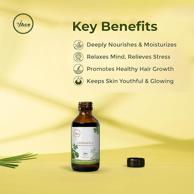 My Ace Citronella Essential Oil – 100% Pure & Natural Steam Distilled Oil – 4 fl oz Amber Glass Bottle with Dropper – Aromatherapy, Diffuser, Skin & Hair Care, Massage, Soap & Candle Making