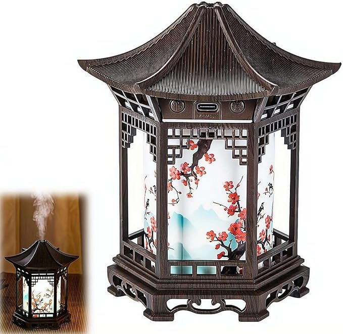 Zen Pavilion Lantern Aroma Diffuser & Night Light - 2-in-1 160ml Essential Oil Diffuser with 2 Mist Modes - Japanese Style Zen Garden Humidifier for Yoga, Meditation, Spa & Sleep (Dark Wood Color)