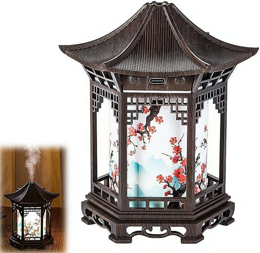 Zen Pavilion Lantern Aroma Diffuser & Night Light - 2-in-1 160ml Essential Oil Diffuser with 2 Mist Modes - Japanese Style Zen Garden Humidifier for Yoga, Meditation, Spa & Sleep (Dark Wood Color)