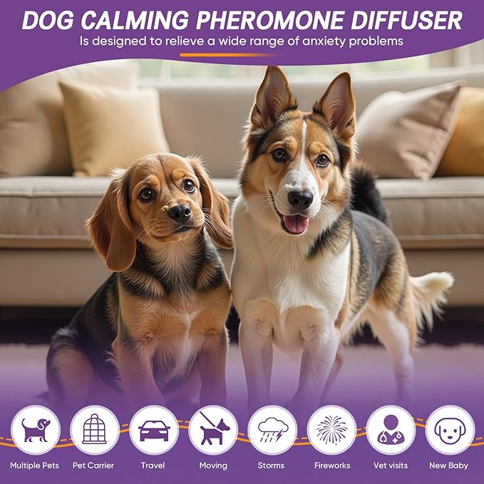 Dog Calming Pheromones Diffuser 6 in 1 Kit Appeasing Pheromone Diffuser to Calm (2 Plug in+4 Pack 48ml Refill) for Anxiety Relief Reduce Aggression Fighting Barking Stress 120 Day Supply