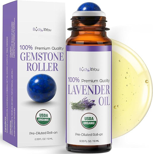 Lavender Essential Oil Roll On for Sleep Anxiety Stress Relief - 100% Pure USDA Organic Pre-Diluted MCT Coconut Oil - Calming Relaxing Bedtime Aromatherapy Yoga - Gemstone Roller 10ml Travel Size