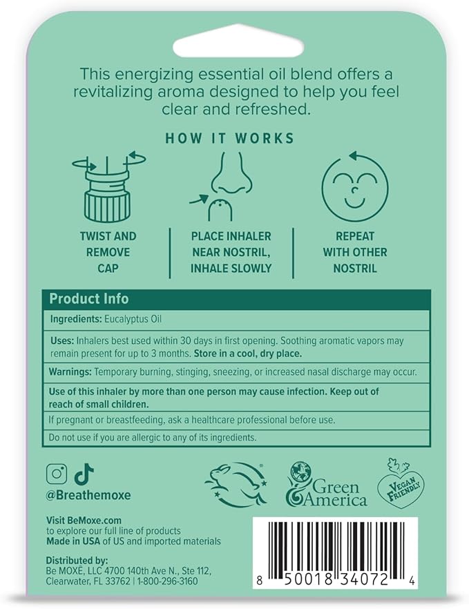 MOXĒ Eucalyptus Essential Oil Nasal Inhaler, Sinus & Congestion Relief, Daily Relaxation, Stress Relief, Therapeutic No-Mess Aromatherapy, Pure and Natural, Made in USA (1 Pack)