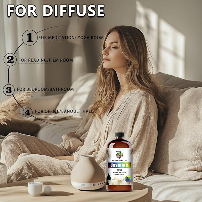 Jasmine Essential Oil - GV77ZF Jasmine Oils for Diffusers, Humidifiers, DIY Candles, Soap, Cleaning, Home, Office, Yoga, Massage, Gifts - 8 fl oz (240 ml)