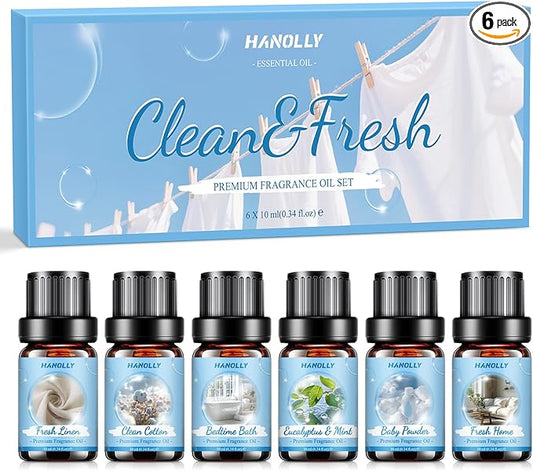 Essential Oils Set, Clean Scents Fragrance Oil Aromatherapy Essential Oils Kit for Diffuser (6x10ML) - Baby Powder, Bedtime Bath, Clean Cotton, Eucalyptus & Mint, Fresh Home, Fresh Linen Scented Oil