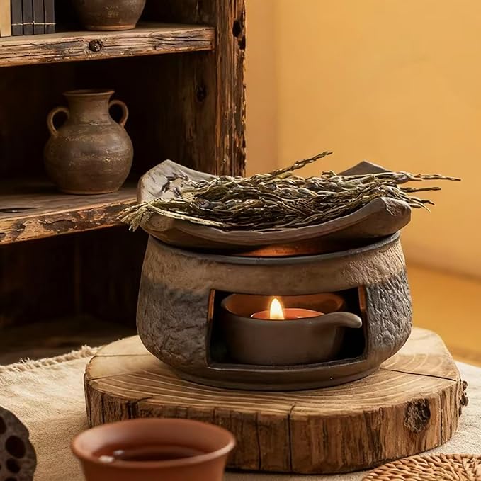 Ceramic Aromatherapy Stove Essential Oil Burner with Wooden Base,Cedar and Zen Herb Burner,Incense Burner Kit for Home Office Natural Fragrance Diffuser, Meditation Relaxation (1)
