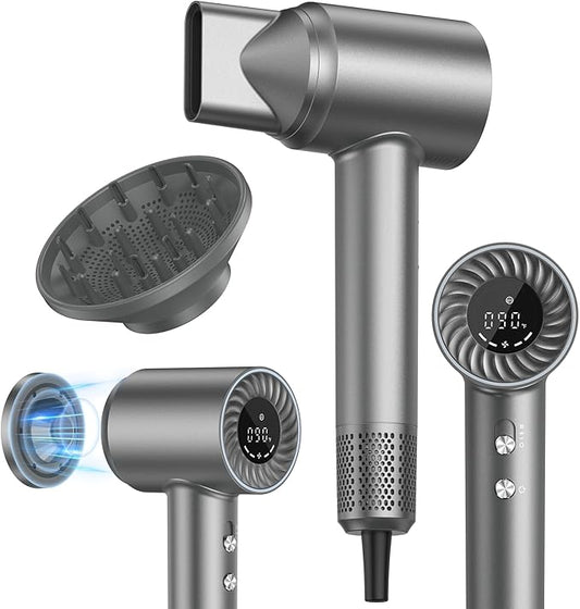 Low Noise Hair Dryer, 150000 RPM Brushless Motor with 500M Negative Ions, Fast-Dry Lightweight ThermoControl, Magnetic Diffuser & Nozzle, 5 Heat & 3 Speeds, Salon Blow Dryer for Home Travel All Hair