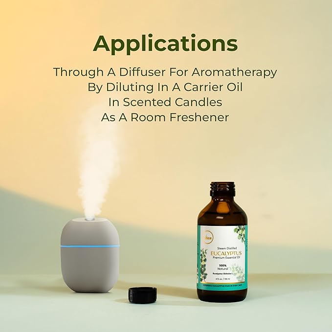 My Ace Eucalyptus Essential Oil – 100% Pure & Natural, Steam-Distilled, Undiluted Oil for Diffuser, Aromatherapy, Massage, Candle & Soap Making – Amber Glass Bottle with Dropper – 4 fl oz